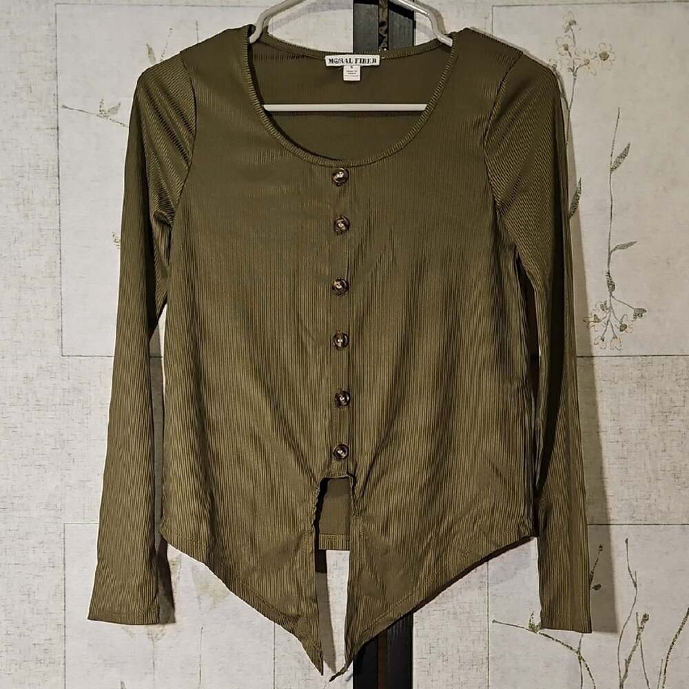 Moral Fiber Green Long Sleeve Blouse with Tie Front and Asymmetrical Design